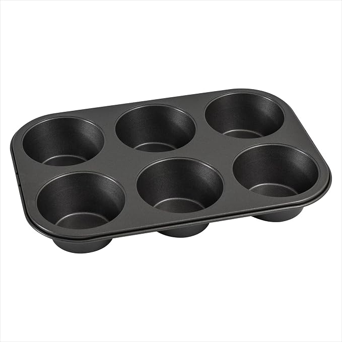 6 Cup Jumbo Muffin Pan, Non-Stick Carbon Steel Bakeware, Gray, 12.6x8.58x1.81 Inch, Even Heating, Dishwasher Safe