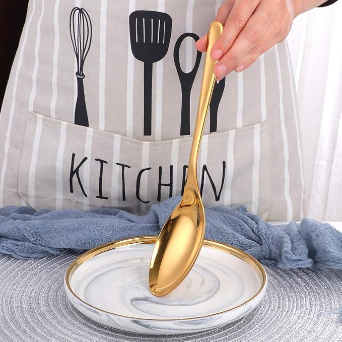 Long Handle Serving Set, 10 inch Stainless Steel Polished Server Spoon, Fork, Slotted Spoons, Set of 3 (Gold)