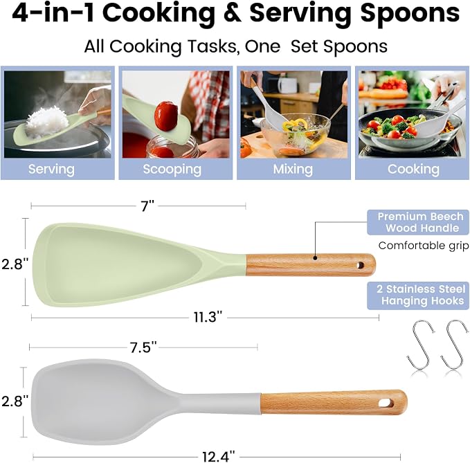 Large Silicone Cooking Spoons Set, 2 Pcs Non Stick Serving Spoon, Multifunction Big Flat Spatula Spoon, Kitchen Heat Heat Resistant Cucharras de Silicona for Mixing, Scooping, Scraping, Stiring