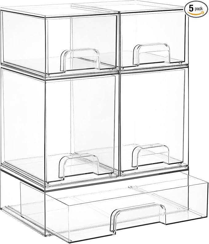 Vtopmart Clear Stackable Storage Drawers Set of 5, Plastic Organizer Bins | Multi-purpose Boxes for Baby Bottle Storage, Ideal for Kichen, Vanity, Bathroom, Undersink, Cabinet, Pantry Organization