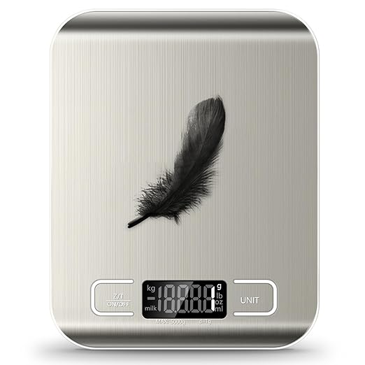 Food Scale, 11lb Kitchen Scale with 6 Units Tare Function & LCD Display, 0.05oz/1g Stainless Steel Digital Food Scale Grams and Ounces for Baking, Cooking, Dieting and Meal Prep (Batteries Included) | 6 Conversion units,Automatic overload,Low battery w...