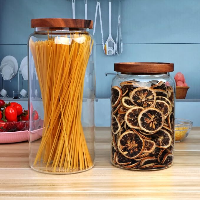67oz 3pack Glass Pantry Storage Jars with Wooden Lids,Glass Jars | Glass Storage Containers with Lids,Glass Storage Jars for Tea,Spice,Cereal, Egg,Flour,Coffee,Cookie