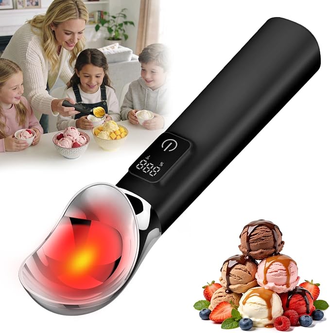 Heated Ice Cream Scoop Rechargeable, Electric Ice Cream Scoop for Hard Icecream and More with LED Display, Self-Warming Heats To 158℉, IP67 Waterproof Easy To Clean, Ideal Kitchen Gifts (Black)