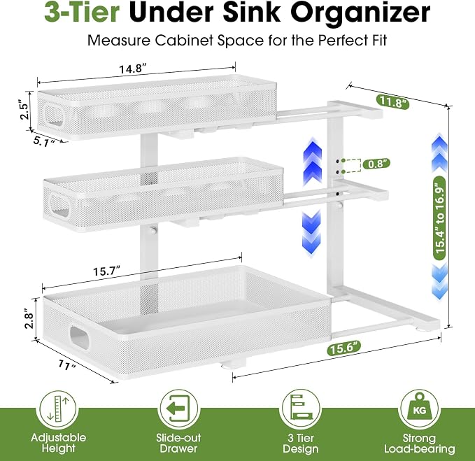 Under Sink Organizer 3 Tier, 2 Pack L-Shaped Pull-Out Cabinet Organizer with Sliding Metal Mesh Drawers, Height Adjustable Under Sink Storage Rack for Kitchen Bathroom Cabinet, White