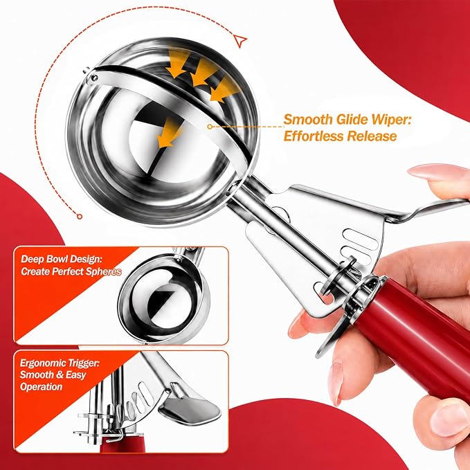 1.33oz Ice Cream Scoop with Trigger #24 - Stainless Steel Cookie Scoop for Baking, Portion Scoop for Cookie Dough, Cupcake, Mashed Potatoes - Easy Portion Control, Comfortable Non-Slip Handle (Red)