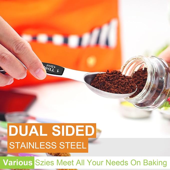 Wildone Stainless Steel Magnetic Measuring Spoons with Strong Magnets, 14pc | Including 8 Double Sided Magnetic Measuring Spoons, Leveler and 5 Mini Spoons for Spice Jar and Liquid Measuring, Black
