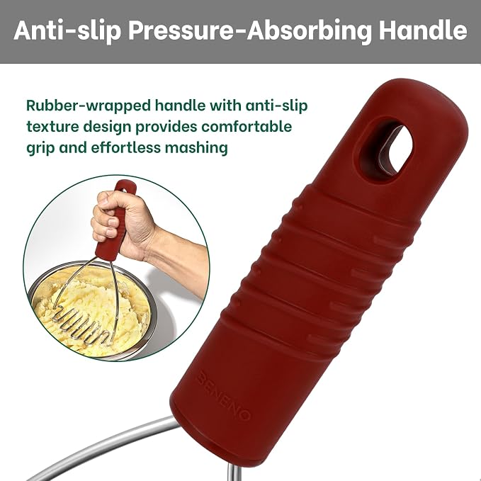 Beneno Thickened Reinforced Stainless Steel Wire Potato Masher, Ergonomic Non-Slip Grip Handle for Effortless Mashing, Rust-Proof & Dishwasher Safe Sturdy Kitchen Tool, Ideal Gift, Red