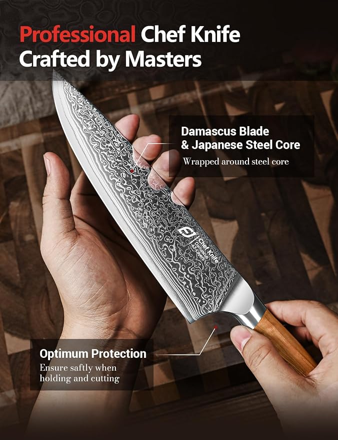 Emojoy Damascus Kitchen Knife Set, 3 PCS Japanese Chef Knife Set, 67-Layers Damascus Knife with Original Olive Wood Handle, Include Wooden Gift Box
