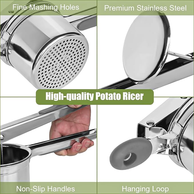 Large 15 oz Ricer for Mashed Potatoes, Stainless Steel Fixed Disc Potato Ricer for Mashed Potatoes, Easy to Clean and Dishwasher Safe