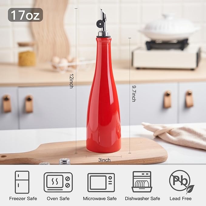 YOLIFE Olive Oil Dispenser Bottle, 17oz/500ml Ceramic Oil Bottle (Red) | Oil Dispenser with Gravity Spout, Leak Proof EVOO Dispensing Bottle with 2 Spouts and 1 Funnel for Vinegar, Kitchen