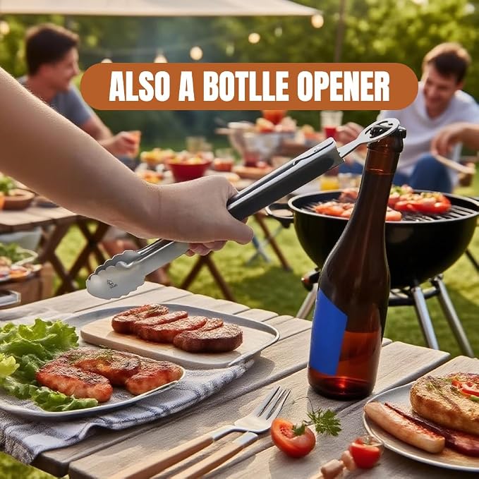 Tongs for Cooking 2 PCS of 12" | Stainless Steel, 2-in-1 Locking Bottle Opener Built-in, Heat Resistant Silicone Grips, For Grilling Camping BBQ Kitchen