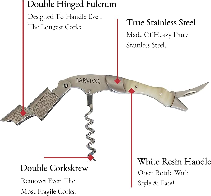 Barvivo Wine Opener with Foil Cutter and Cap Remover - Double Hinged Corkscrew for Bartenders - Stainless Steel Wine Key for Easy Bottle Opening - Manual Wine Bottle Opener - White Resin, 4.7x1.2-Inch