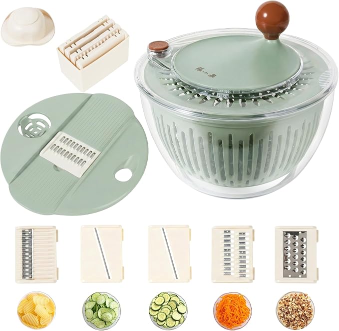 Salad Spinner Large with 5-Blade Slicer & Egg Yolk Strainer, Multifunctional Vegetable Fruit Washing Bowl 4.3 Qt for Efficient Kitchen Washing Drying & Shredding