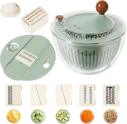 Salad Spinner Large with 5-Blade Slicer & Egg Yolk Strainer, Multifunctional Vegetable Fruit Washing Bowl 4.3 Qt for Efficient Kitchen Washing Drying & Shredding