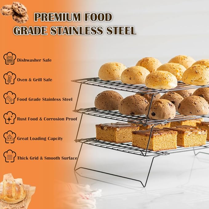 2-Tier Cooling Racks for Cooking and Baking - 13" x 9.6" Stackable Heavy Duty Stainless Steel Wire Rack for Baking, Grilling, Roasting - Oven & Dishwasher Safe - Black