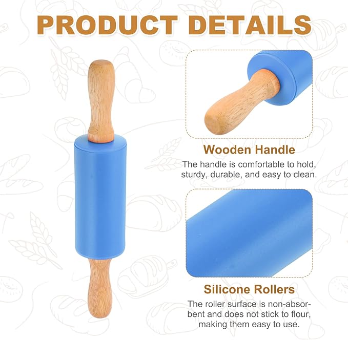 uxcell Rolling Pins for Baking, 9 Inch Silicone Non-Stick Rolling Pin Baking Roller Wooden Handle for Home Kitchen Dough Cookies Pastry, Blue