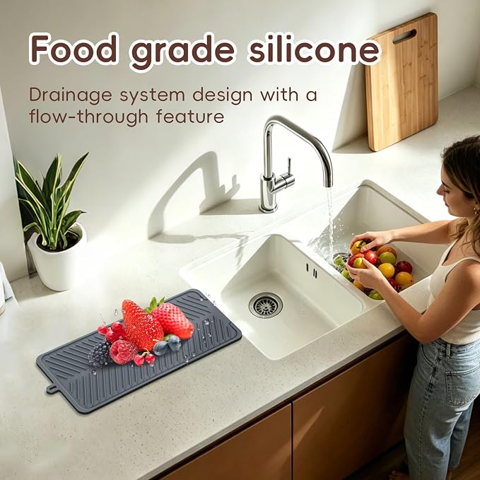 Silicone Dish Drying Mat with Drain Lip 16.8” x 7.8”, Heat-Resistant Sloped Sink Draining Tray for Kitchen Worktops, Draining Mat, Rack Mat, Multi-Purpose Hot Pads