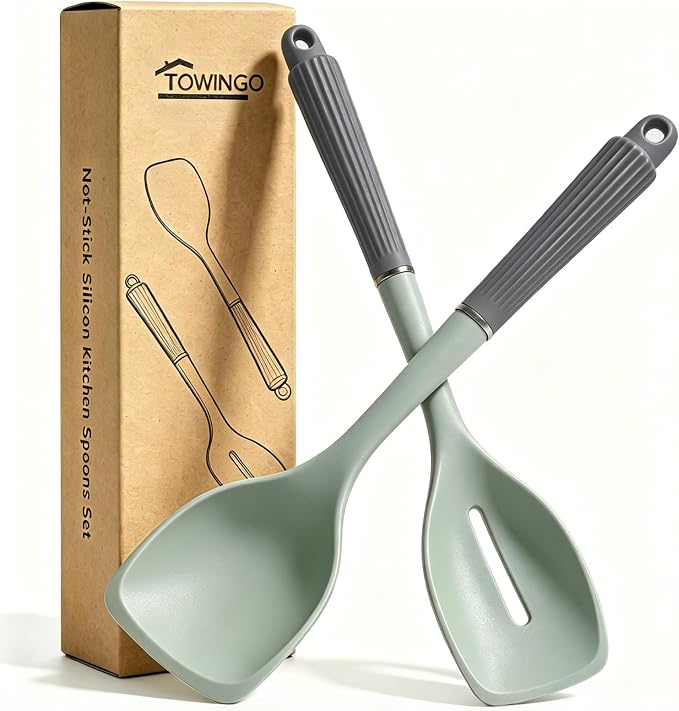 2 Pack Silicone Cooking Spoon Spatulas, 13Inch Non Stick Large Rubber Solid Slotted Spoon Set for Mixing, Draining, Scraping, Heat Resistant Kitchen Utensils, Green+Grey