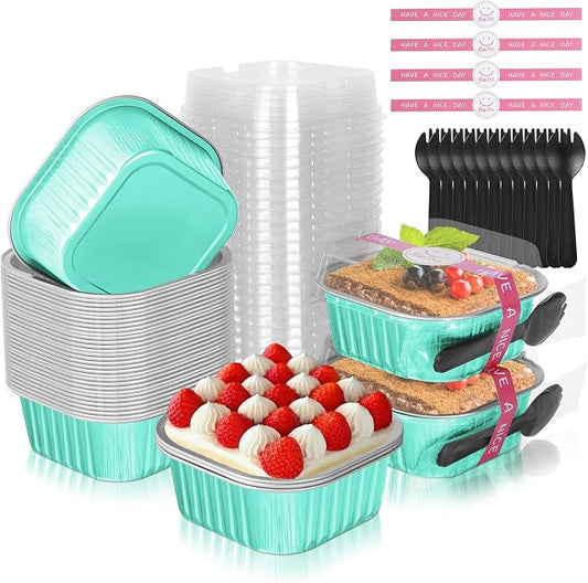 10oz Mini Cake Pans with Lids, 40 Pack Aluminum Foil Brownie Pans,Disposable Ramekins Muffin Tins,Square Baking Pans Cupcake Cups,Individual Dessert Containers Flans for Brownie - Blue