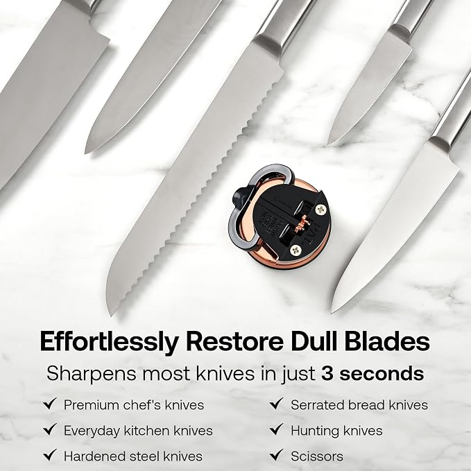 AnySharp – Chef – Hands Free Knife Sharpener - Easy to Use Sharpening Tool with PowerGrip Suction Base and 20-Degree Pre-Set Angle - for All Knives: Chef's, Serrated, and Hardened Steel - Copper