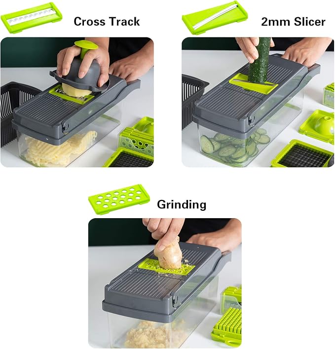 Vegetable Chopper with Container & Lid - 12-in-1 Adjustable Mandoline Slicer & Dicer for Kitchen | Effortless Food Prep for Potato, Carrot, Onion, Fruits & More | Easy to Clean & Store (Grey)