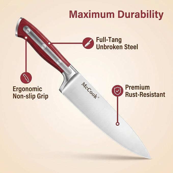 McCook® Knife Sets, High Carbon Stainless Steel Kitchen Knife Block Sets with Built-in Sharpener, 15 Piece, Forged Triple Rivet,Full Tang, Elegant Red & Stylish Wooden Block for Modern Culinary