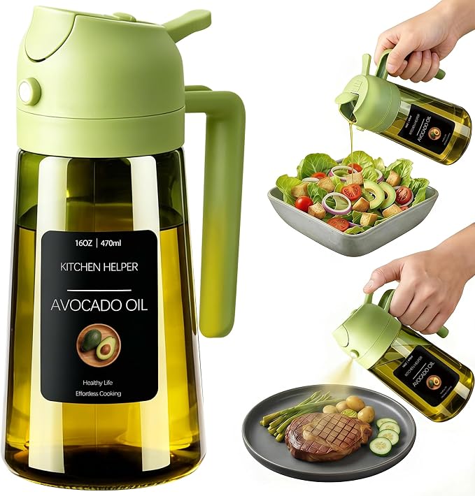 Poshetion 2 in 1 Olive Oil Sprayer for Cooking, 16oz Light-Proof Oil Dispenser for Kitchen, Leak-Proof Oil Spray Bottle for Air Fryer, Salad, BBQ, Baking, Grilling - Green