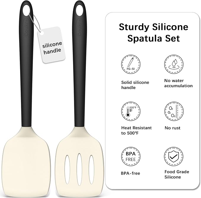 Coukre 2 Pack Silicone Spatula Set, High Heat Resistant, BPA Free Kitchen Spatula, Solid & Slotted Turner for Non-Stick Pans, Sautéing, and Flipping (2, BeigeBlack)