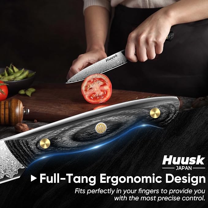 Huusk Damascus Kitchen Utility Knife, Japanes VG10 Small Chef Knives 5 inch with Ergonomic Wooden Handle, Versatile Knife for Vegetable Fruit Meat, Christmas Gift for Men and Women