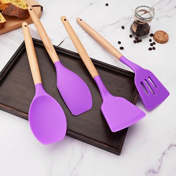 1pc Purple Silicone Solid Turner,Wooden Handle Non-Stick Kitchen Spatulas, Ideal Cookware for Fring Fish, Eggs, Meat, French Fries