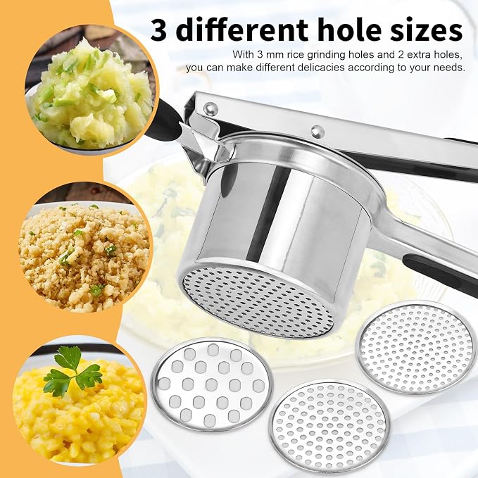 Large 15oz Potato Ricer with 3 Interchangeable Discs, Heavy Duty Stainless Steel Ricers for Mashed Potatoes, Sweet Potato Masher Kitchen Tool with Ergonomic Handle, Spaetzle Maker