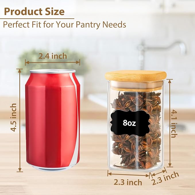 20 Pack 8 oz Square Glass Spice Jars with Lids and Labels – Airtight Small Spice Containers Set, Clear Glass Storage Jars for Seasoning, Spices, Kitchen Pantry Organization
