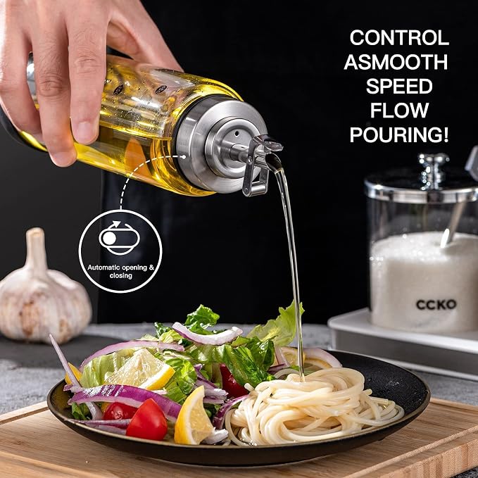CCKO Glass Olive Oil Dispenser Bottle with Stainless Steel Spouts Shatterproof Glass Olive Oil Bottle 350ml Cooking Oil and Vinegar Cruet Bottle Container Carafe for Kitchen