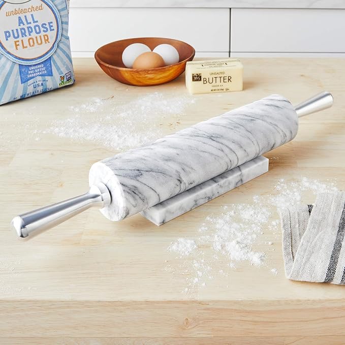 Fox Run Marble Rolling Pin & Stand, White Marble With Aluminum Handles Pin | Marble Stays Cool For Pastry | Heavy Dough Roller For Easy Rolling & Baking | Includes Stand | Naturally Non-Stick Surface