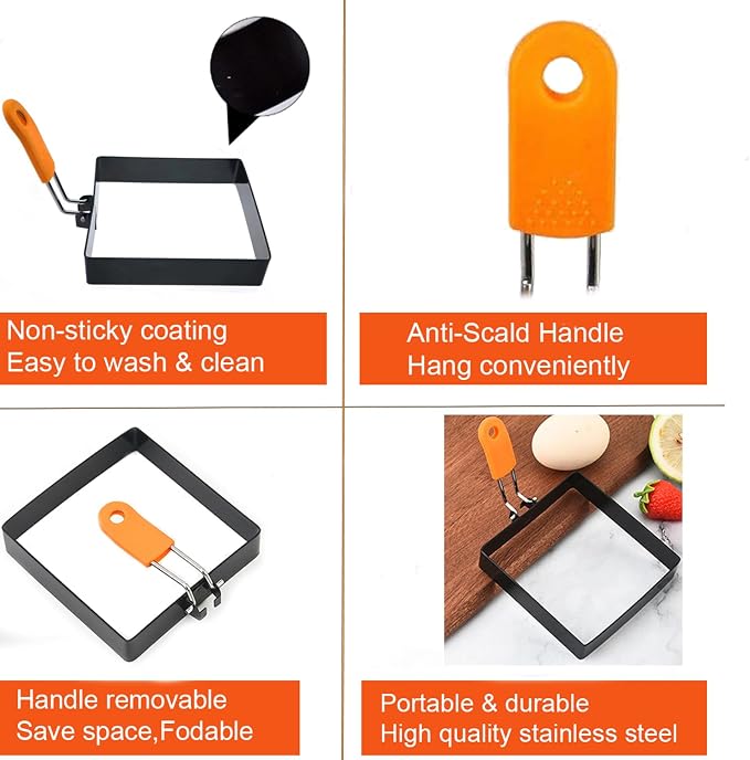 Large 4 Pcs 4 Inch Sqaure Egg Ring for Griddle Frying Egg,4" Non-stick Stainless Steel Square Egg Mold,Square Omelet Ring Pancake Mold Maker With Silicone Insulated Handle Oil Brush & Egg Separator