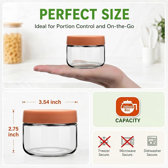 8 oz Small Glass Containers with Lids, Food Storage Jars, 6pk | Perfect for Chia Pudding Jam Snacks Yogurt Overnight Oats Candy ,Dishwasher safe,Airtight
