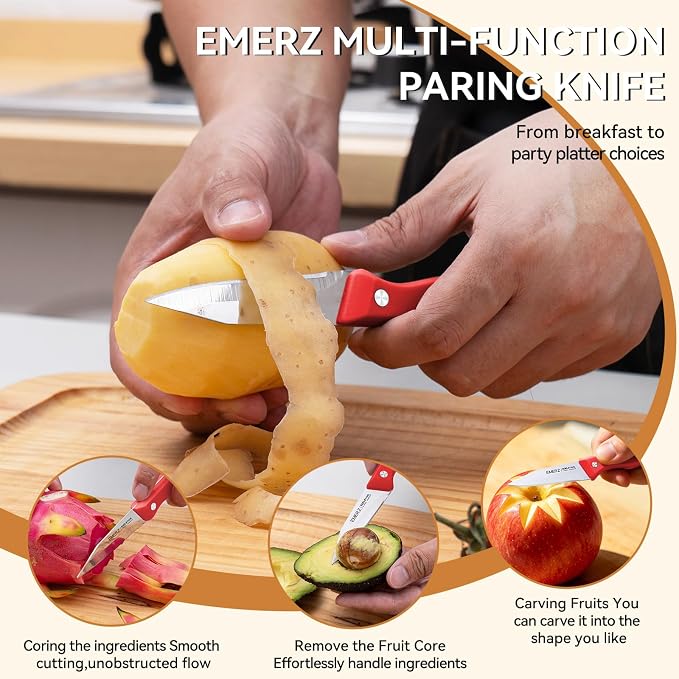 Paring Knife Set of 4, Stainless Steel Paring Knives,3.5inch,Ergonomic PP Triple Rivet Handle,Sharp Small Cutting Knife for Peeling Coring Cutting,Red Pairing Knives for Fruit