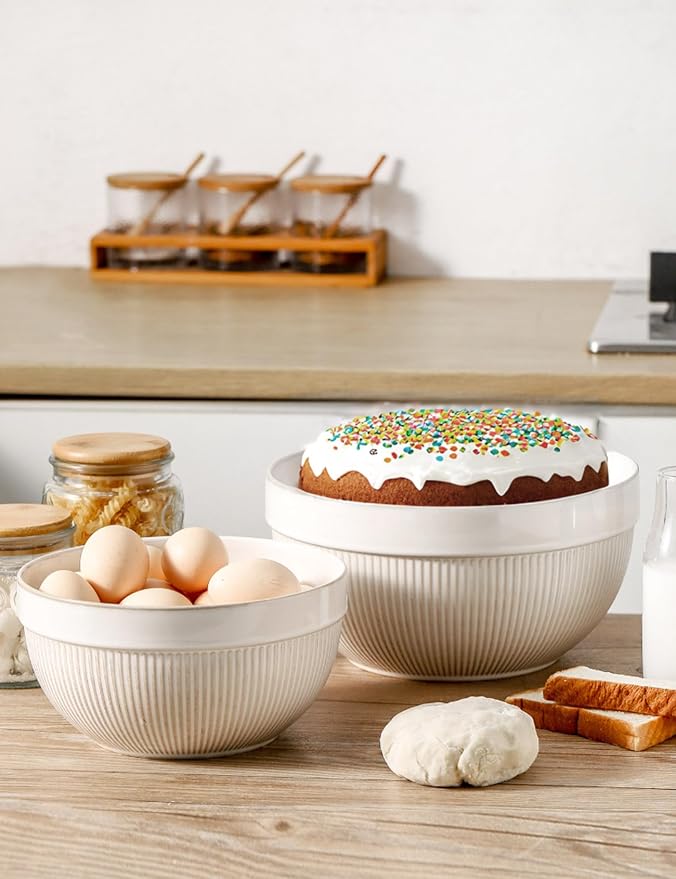 Ceramic Large Glazed White Stripe Mixing Bowls for Kitchen, Set of 2 Big Serving Bowls for Cooking, Popcorn, Salad, Soup, Baking, Dough Bread Making Bowl, 10 inch + 8 inch