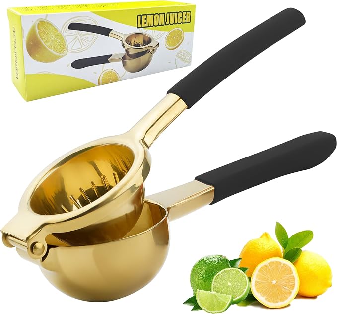 SHIKORI Lemon Squeezer, Large Heavy Duty Handhelp Juicer for Lemon, Stainless Steel Hand Press Citrus Juicer, Lime Squeezer Bar Tool, Manual Citrus Press (Gold & Black)