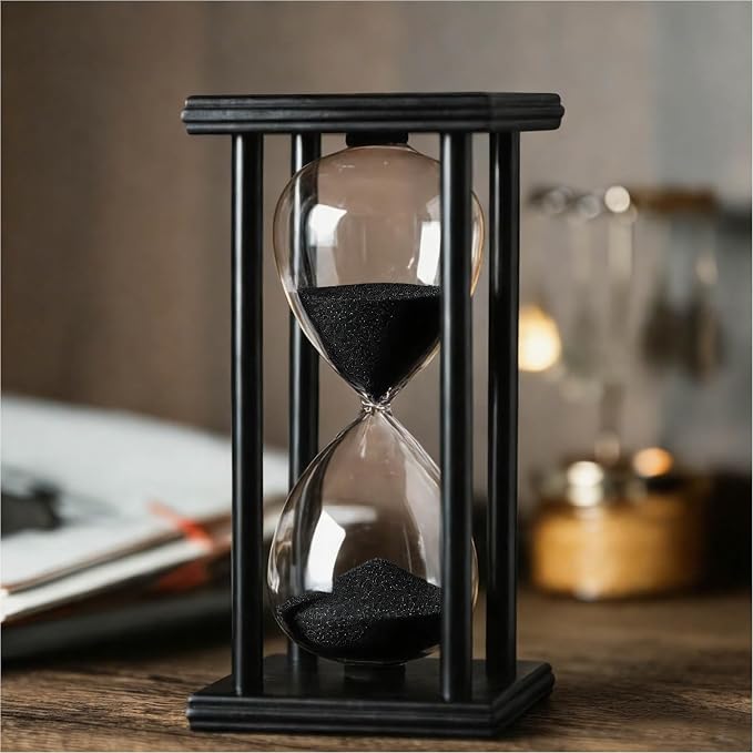 SAMLONG Hourglass 60 Minutes Black Sand Timer, Black Wooden Frame Sandglass