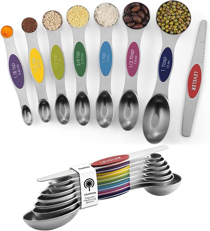 ChefAide Pack of 8 Stainless Steel Magnetic Measuring Spoons Set, Dual Sided, Stackable, Adjustable Teaspoon and Tablespoon Measure Spoon with Leveler, Kitchen Gadgets