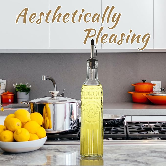 1-Pack Glass Oil Dispenser 500ML/17OZ, Vinegar Bottle with Stainless Steel Pourer, Brush, Funnel, Seal Cap (Sunflower)