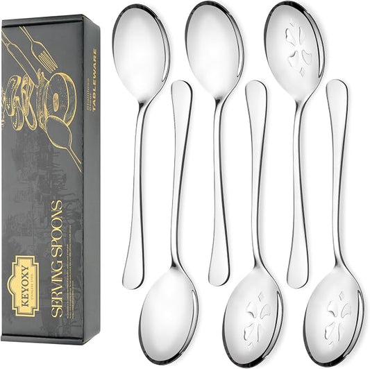 6 Piece Stainless Steel Serving Spoon Set - 3 Large, 3 Slotted,Dishwasher Safe,10-Inch,for Parties/Kitchen/Buffet/Catering