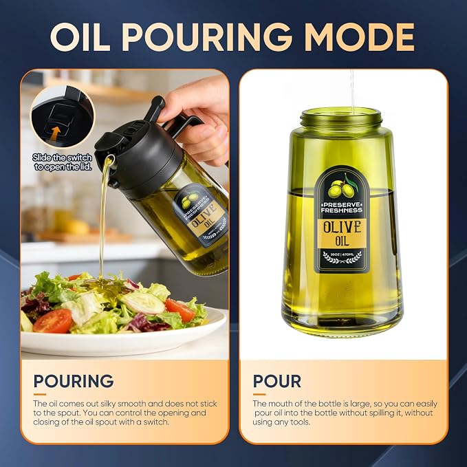 2 in 1 Olive Oil Sprayer for Cooking, 16 Oz Olive Oil Dispenser Bottle for Kitchen, Fits Air Fryers, Salads, BBQ & More