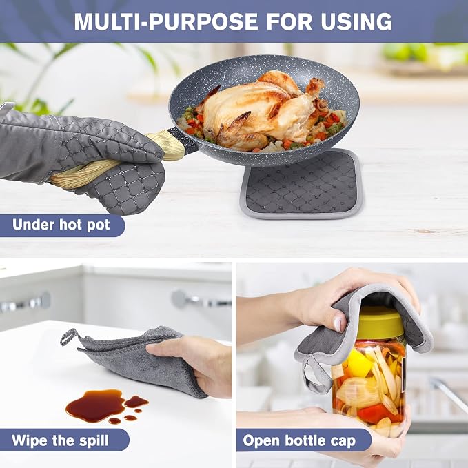 6 Pcs Oven Mitts and Pot Holders, 500℉ Heat Resistant Oven Mitts with Kitchen Towels Soft Cotton Lining and Non-Slip Silicone Surface Safe for Baking, Cooking, BBQ (Grey)
