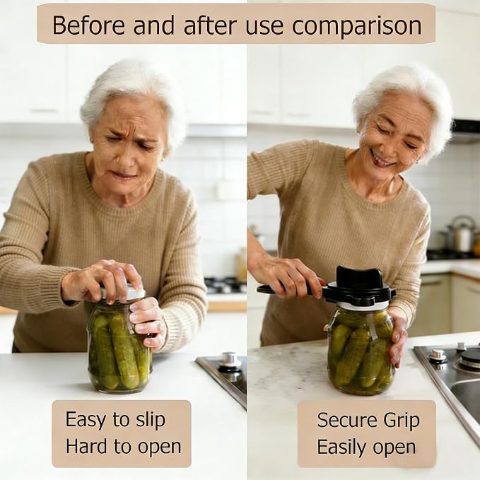 4-in-1 Jar Opener for Weak Hands, Adjustable Lid & Bottle Opener Black | Ergonomic non-slip grip for arthritis hands, opens jars bottles cans, adjustable multi-size lid remover, durable kitchen tool