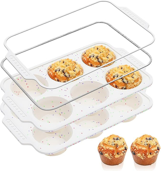 Vinino Silicone Jumbo Muffin Pan with Reinforced Frame for Oven, BPA-Free | 6-Cup Jumbo Size Silicone Muffin Pan for Baking with Non-Slip Handle, 2-Pack Nonstick Muffin Tray Dishwasher Safe, Cream