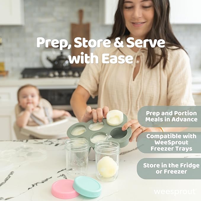 WeeSprout Baby Food Storage Glass Jars w/Lids (4 oz, 6 Pack) Pastel Variety, Snack, Reusable Small Containers, Fridge or Freezer, Microwave & Dishwasher Safe, Essentials for Infants