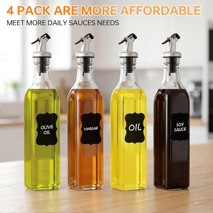 4 Pack 17 oz (500ml) Clear Glass Oil & Vinegar Dispenser Bottles, Leakproof Set with 4 Pour Spouts & 4 Labels, Kitchen Tools for Salad, BBQ, Air Fryer Cooking