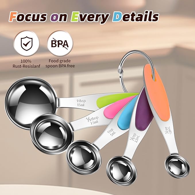 10-Piece Measuring Cups and Spoons Set, 304 Stainless Steel with Color-Coded Handles, Engraved Markings Never Fade, Plastic Free, Dishwasher Safe, Includes 1/8 Cup & 1/4 Tsp